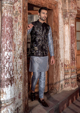 ENCHANTING BLACK FLORALS WAISTCOAT/KURTA TROUSER