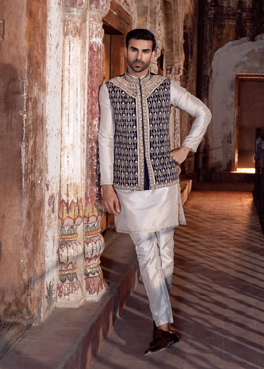 NAVY BLUE & MUTED GOLD ELEGANCE WAIST COAT/KURTA TROUSER